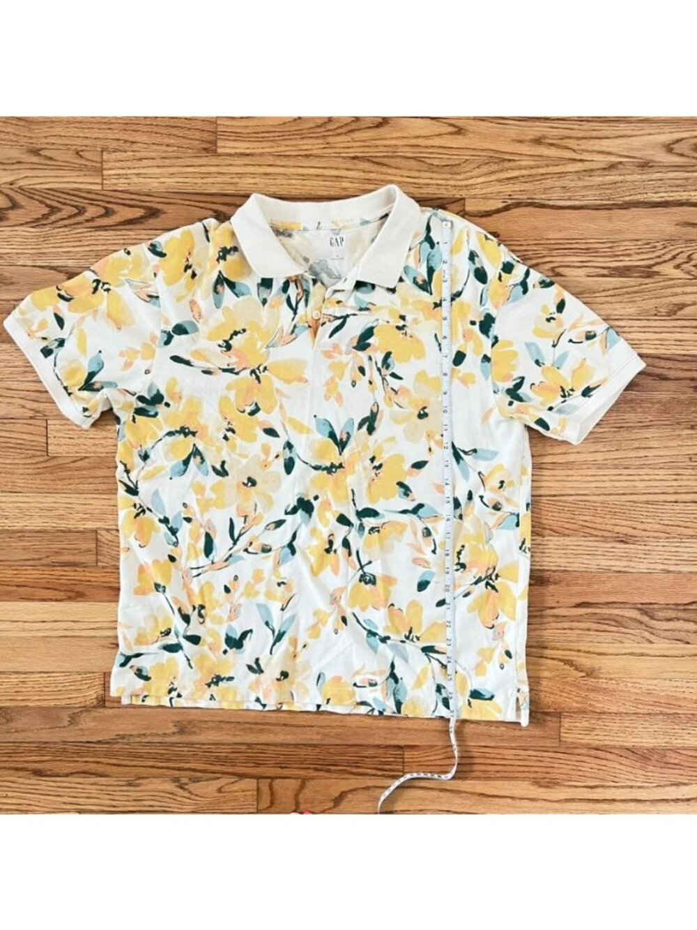 Gap Yellow Floral All Over Polo Shirt Mens Large Short Sleeve Tropical Vacation - Picture 10 of 12